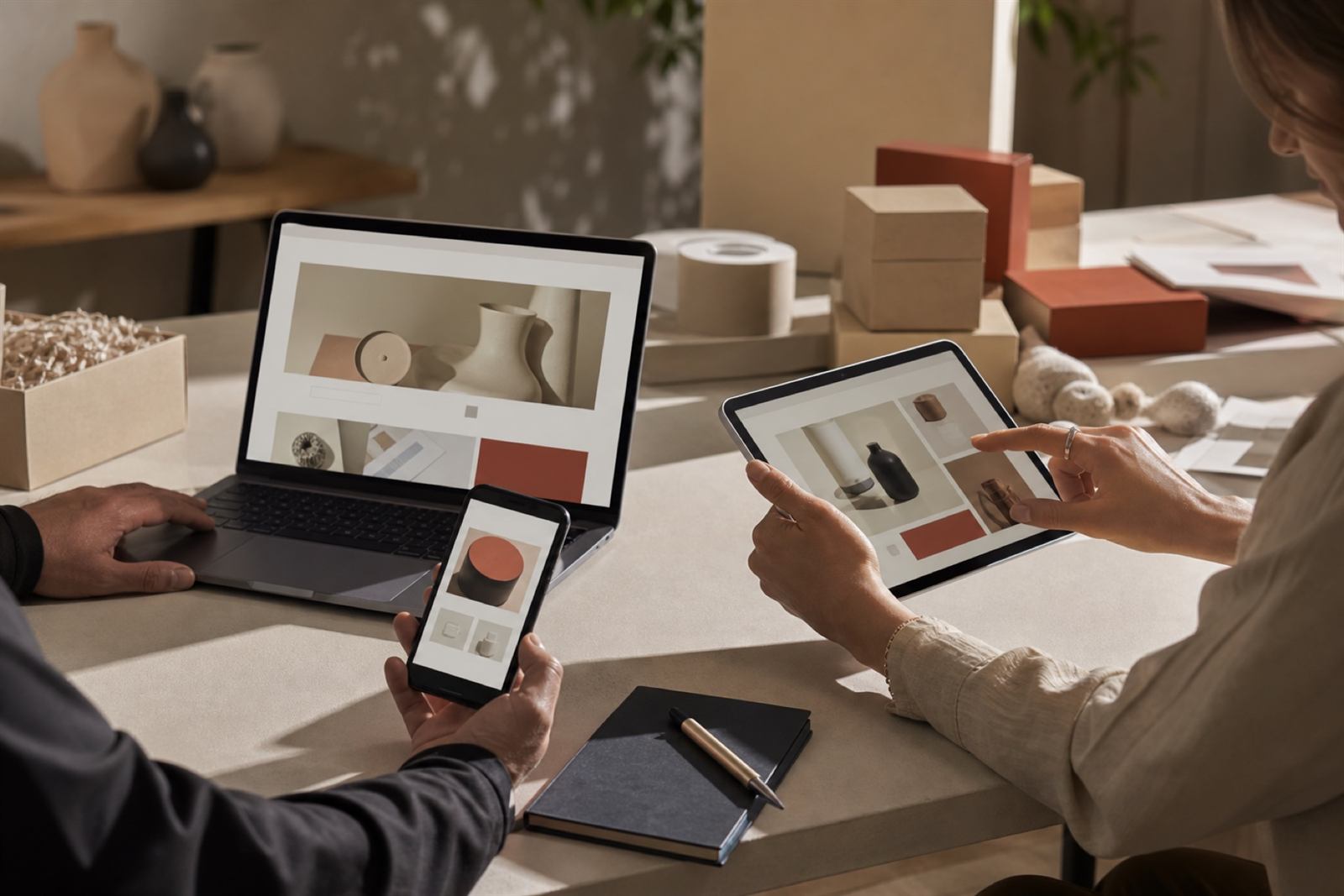 Commerce team testing a responsive shopping experience across devices