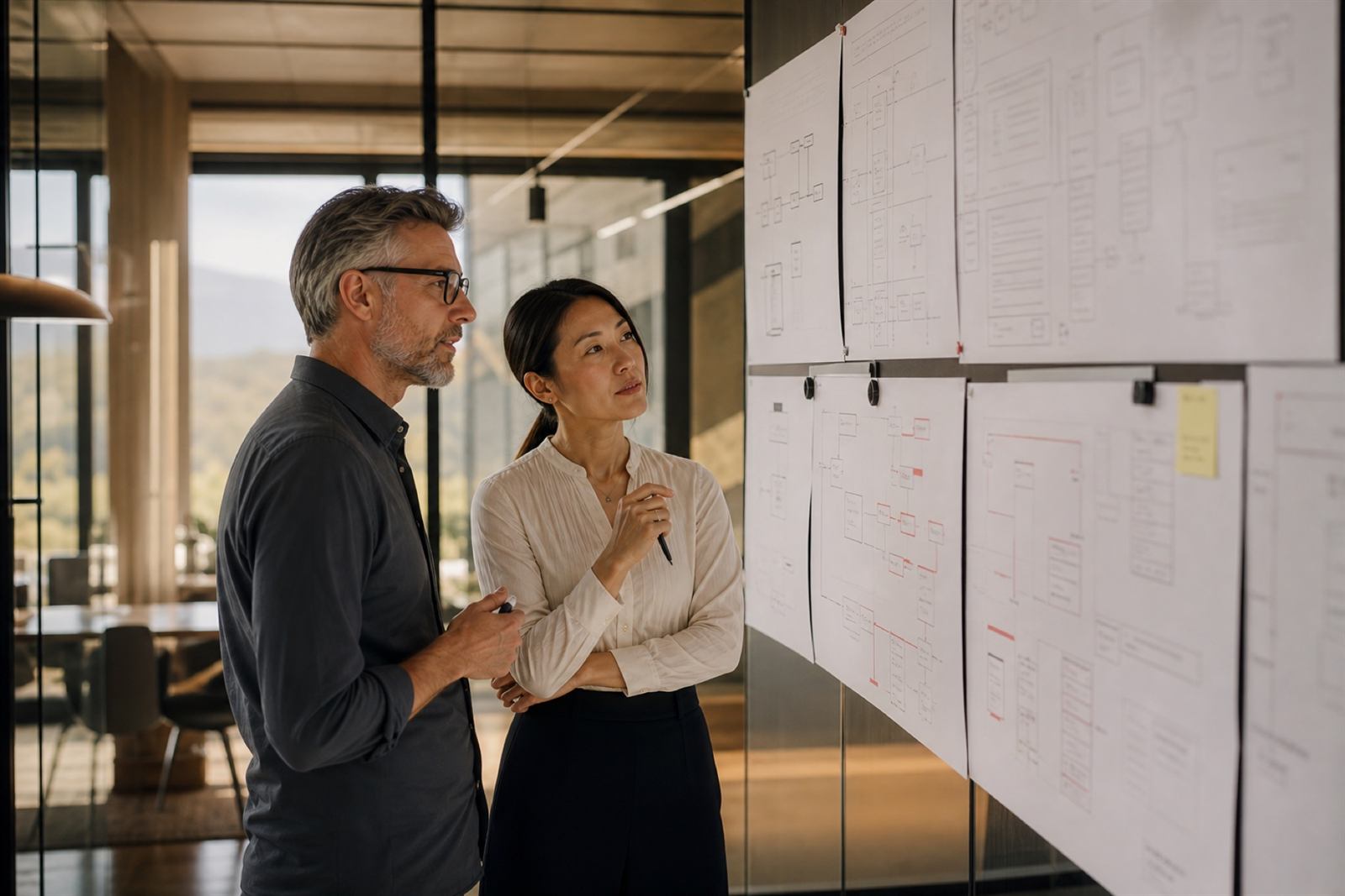 Solution architects reviewing process maps for a custom software platform